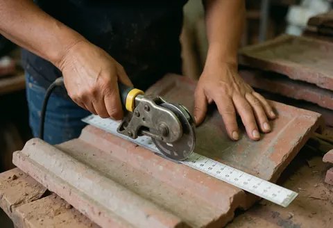 A woman cuts a red tile with an electric tool on a white ruler in a workshop.