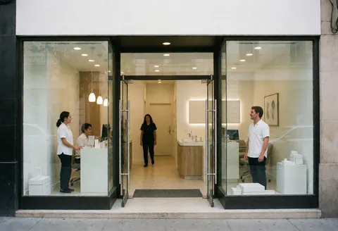 A modern dental clinic with reception, staff attending and a customer entering.