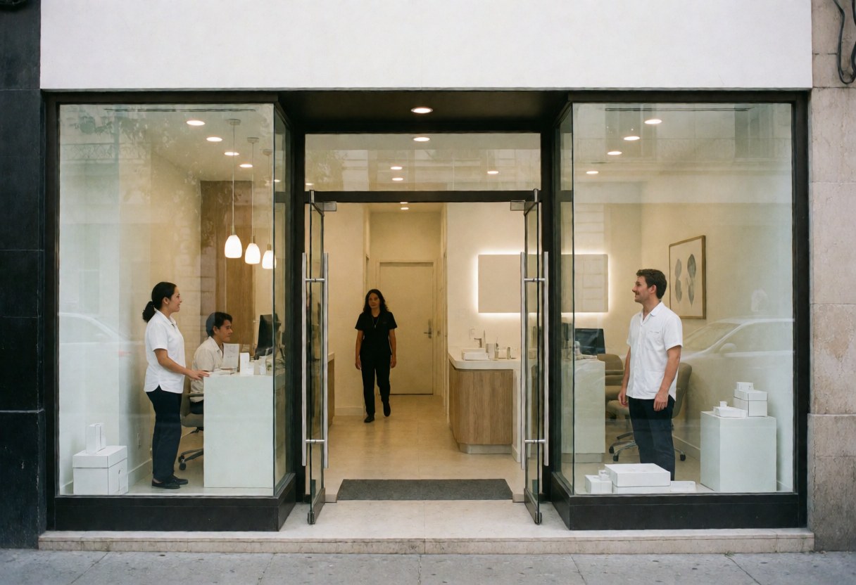A modern dental clinic with reception, staff attending and a customer entering.