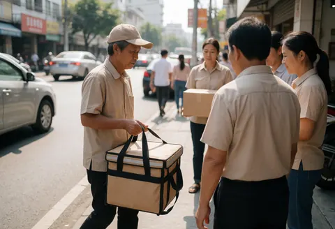 A delivery man with a thermal bag delivers food to customers on a busy city sidewalk.