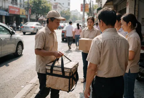 A delivery man with a thermal bag delivers food to customers on a busy city sidewalk.