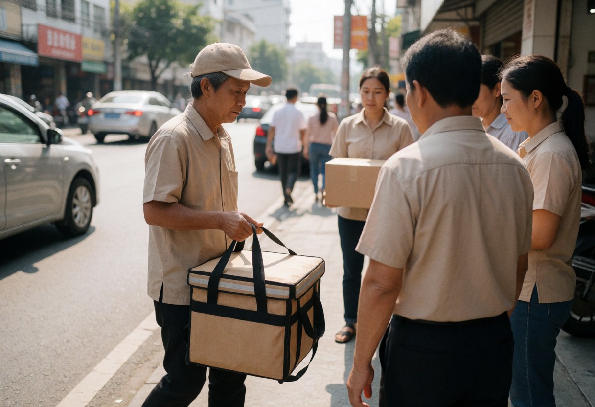 A delivery man with a thermal bag delivers food to customers on a busy city sidewalk.
