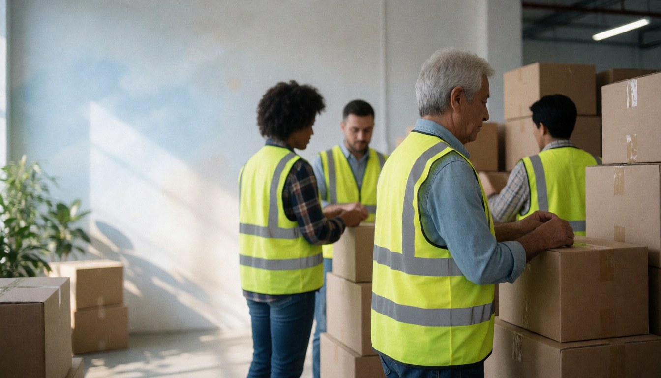 Four workers in a warehouse organize and stack cardboard boxes wearing reflective vests.