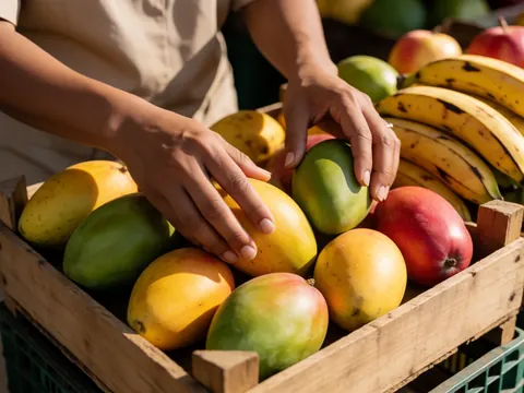Hands selecting mangoes, bananas and apples in a wooden crate at a minimarket.
