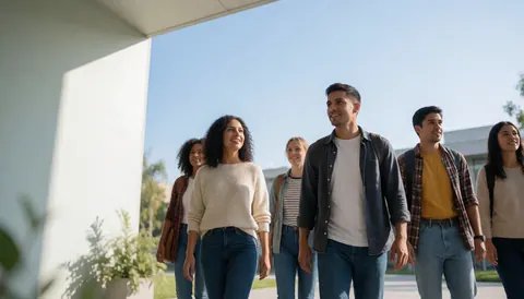 Group of young students walking together across a sunny university campus under a clear blue sky.