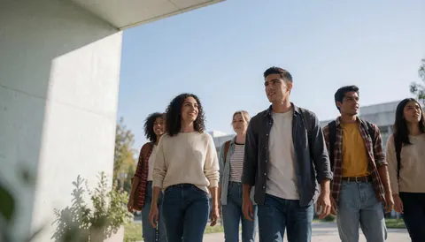 Group of young students walking together across a sunny university campus under a clear blue sky.