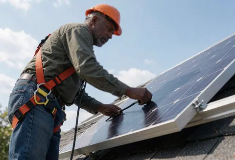 A man installs a solar panel on a house roof under a clear blue sky.