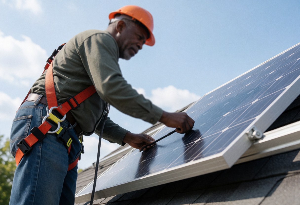 A man installs a solar panel on a house roof under a clear blue sky.