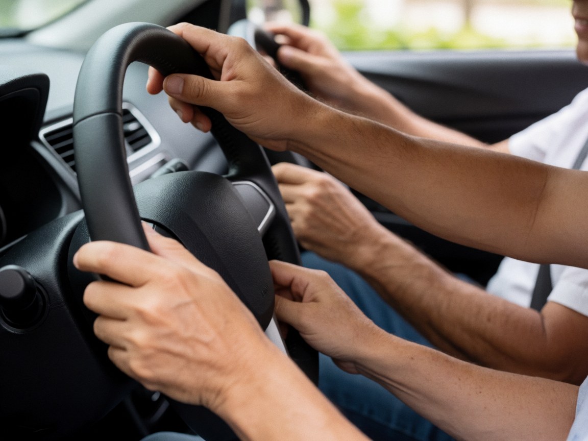 Two people with hands on a car steering wheel, one driving and the other teaching.