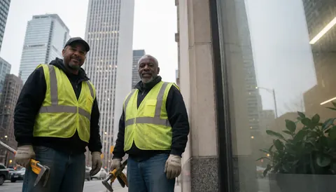 Two workers in yellow vests and tools cleaning a window on a Chicago building.