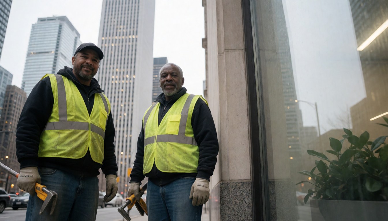 Two workers in yellow vests and tools cleaning a window on a Chicago building.
