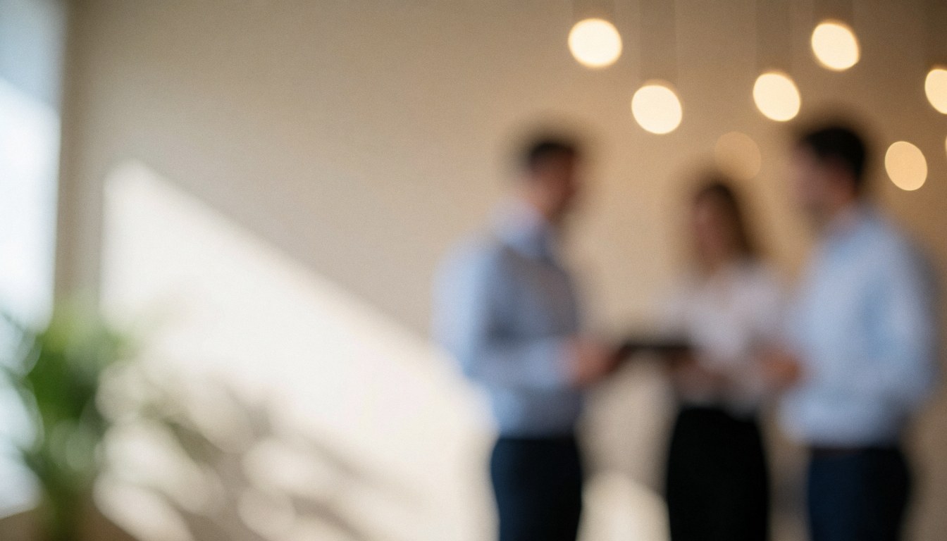 Three people standing in a modern office with hanging warm lights, conversing in a professional setting.
