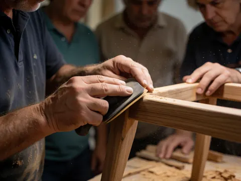 Close-up of hands sanding a wooden piece in a workshop with dust floating and other men observing the craft