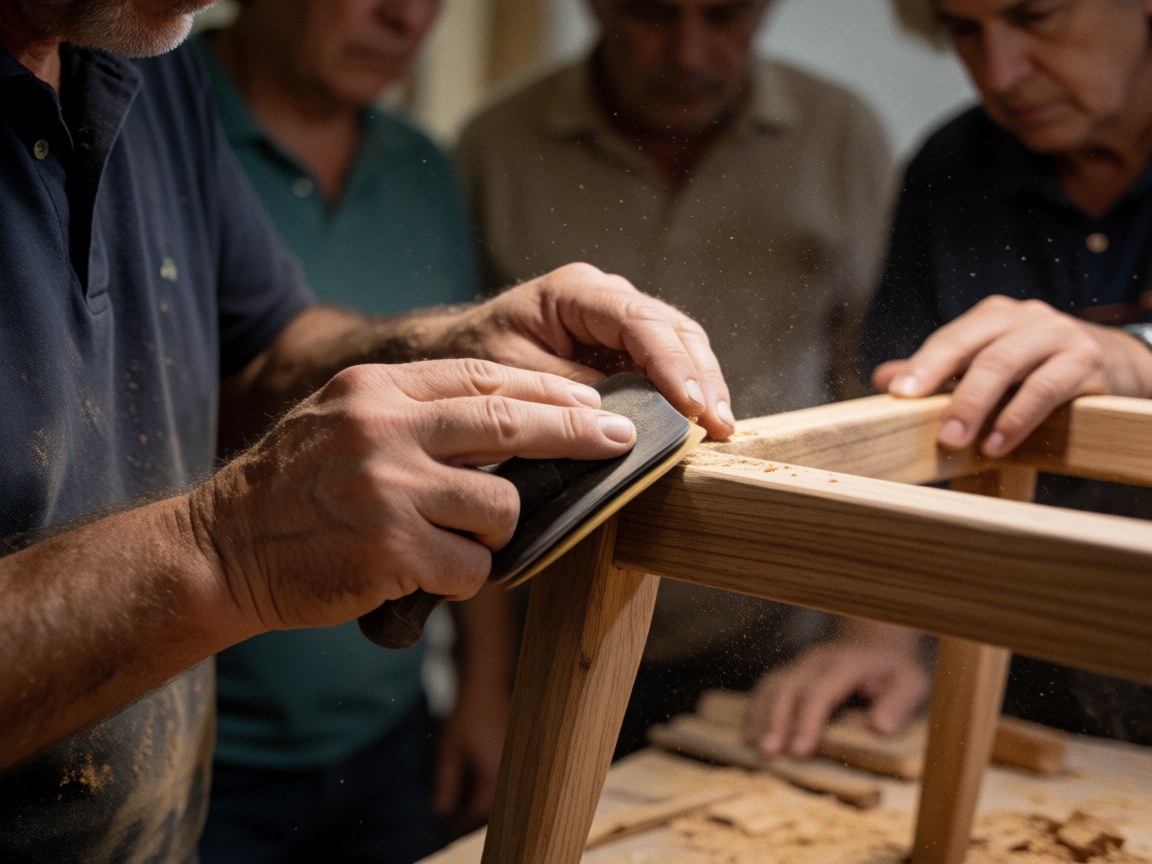 Close-up of hands sanding a wooden piece in a workshop with dust floating and other men observing the craft