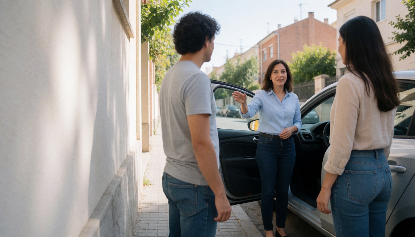 Female driving instructor explaining vehicle controls to two students beside a car on a residential street