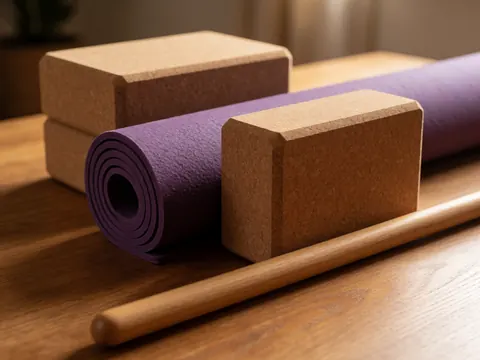 Cork yoga blocks, rolled purple mat, and wooden stick on a wooden table with warm lighting and sharp textures