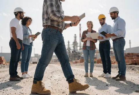 Group of construction workers wearing safety helmets, some holding tablets and others documents, working outdoors under bright sunlight.