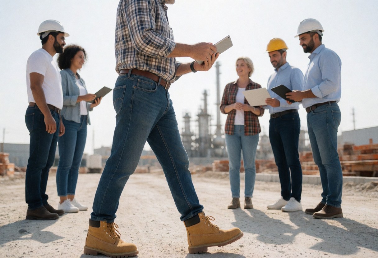 Group of construction workers wearing safety helmets, some holding tablets and others documents, working outdoors under bright sunlight.
