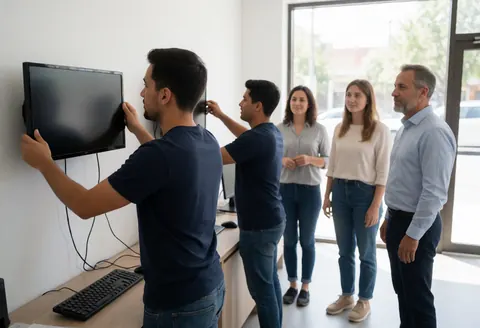 Two technicians mount computer monitors on an office wall while a business owner observes the professional installation process.