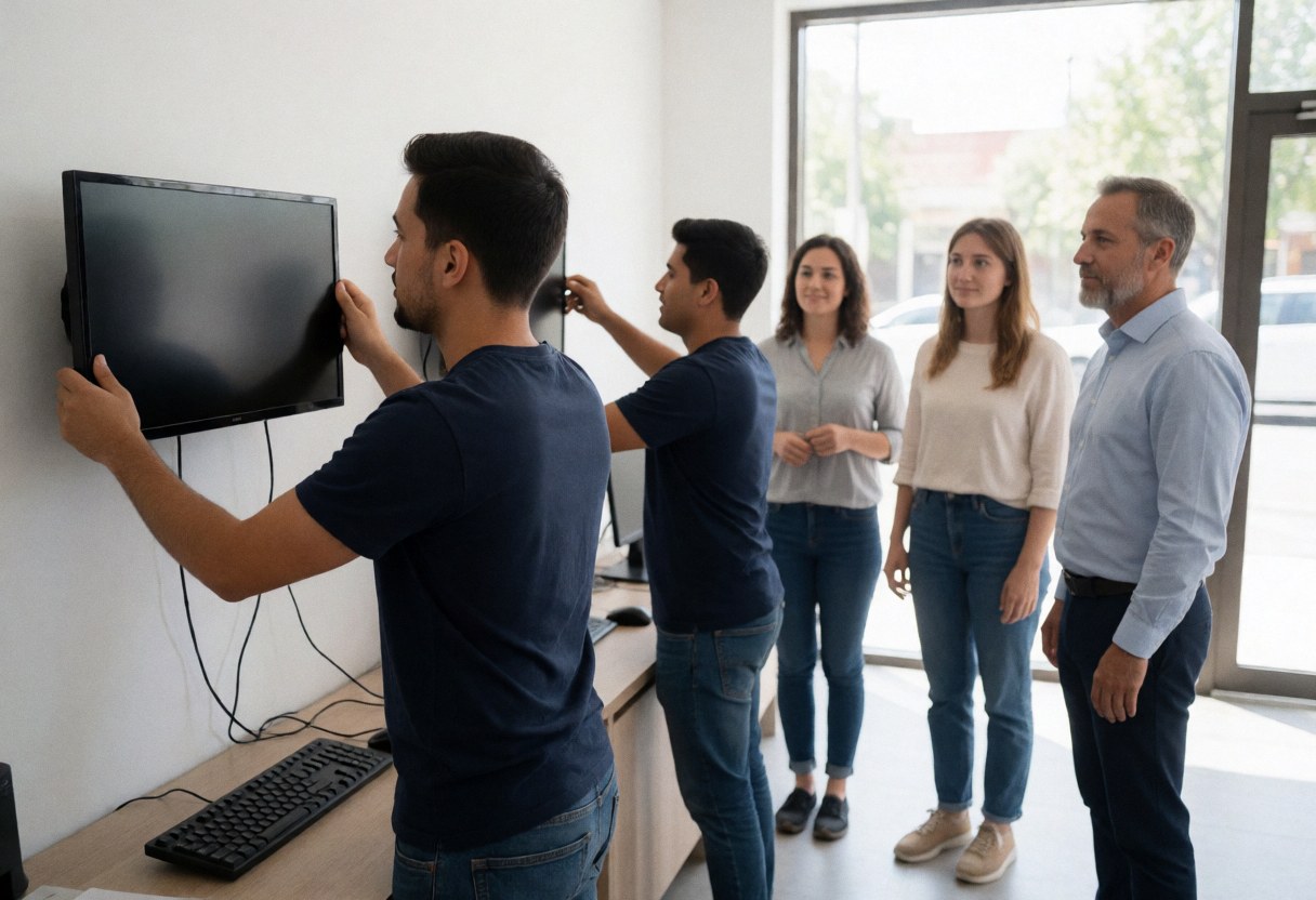 Two technicians mount computer monitors on an office wall while a business owner observes the professional installation process.
