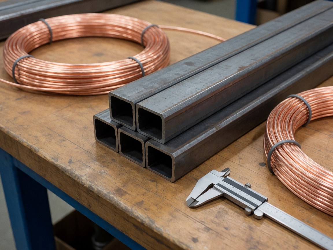 Copper cables, steel profiles, and a caliper arranged on an industrial workbench in a clean manufacturing setting.
