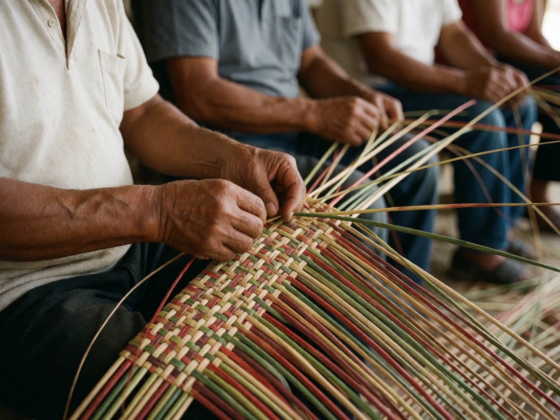 Close-up of artisan hands weaving colorful reeds in a workshop, showcasing traditional handmade art and community craftsmanship.