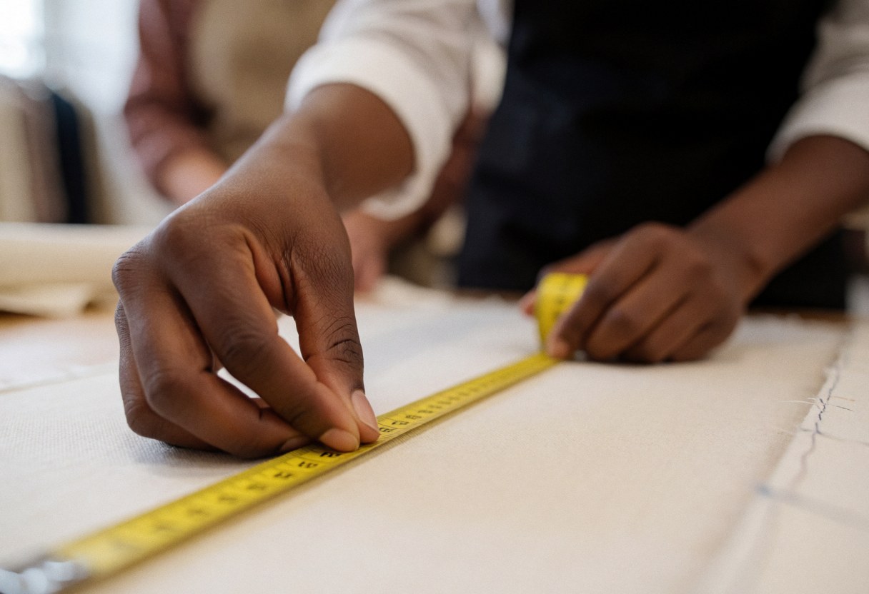 Close up of a seamstress hand measuring white fabric with a yellow tape measure in a sewing workshop with blurred background