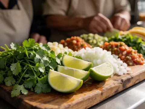 Cilantro, limes, onions, and sauces arranged on a wooden board ready for tacos in a food truck setting