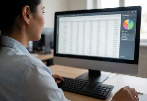 Professional woman reviewing financial charts and tables on a computer screen in a realistic office setting