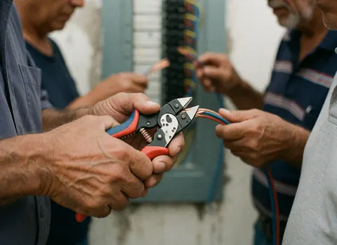 Close-up of an electrician using pliers to cut copper wires with an electrical panel in the background