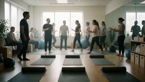 A yoga studio featuring people in motion, rolled mats, mirrored walls, and large windows letting in natural light