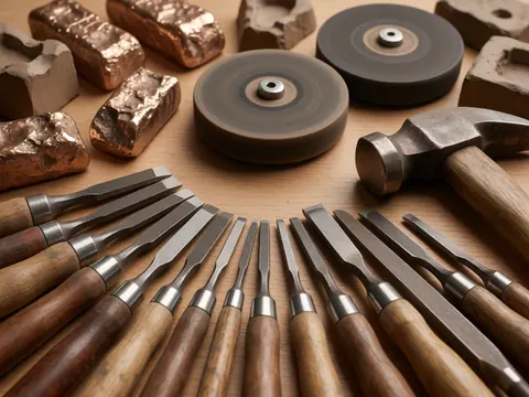 Close-up of wood and bronze carving tools, hammers, and polishing discs arranged on a workbench with professional lighting.