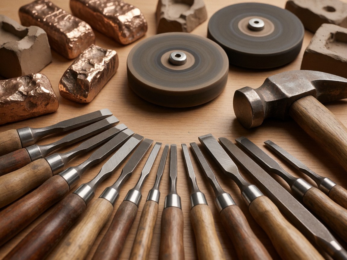 Close-up of wood and bronze carving tools, hammers, and polishing discs arranged on a workbench with professional lighting.