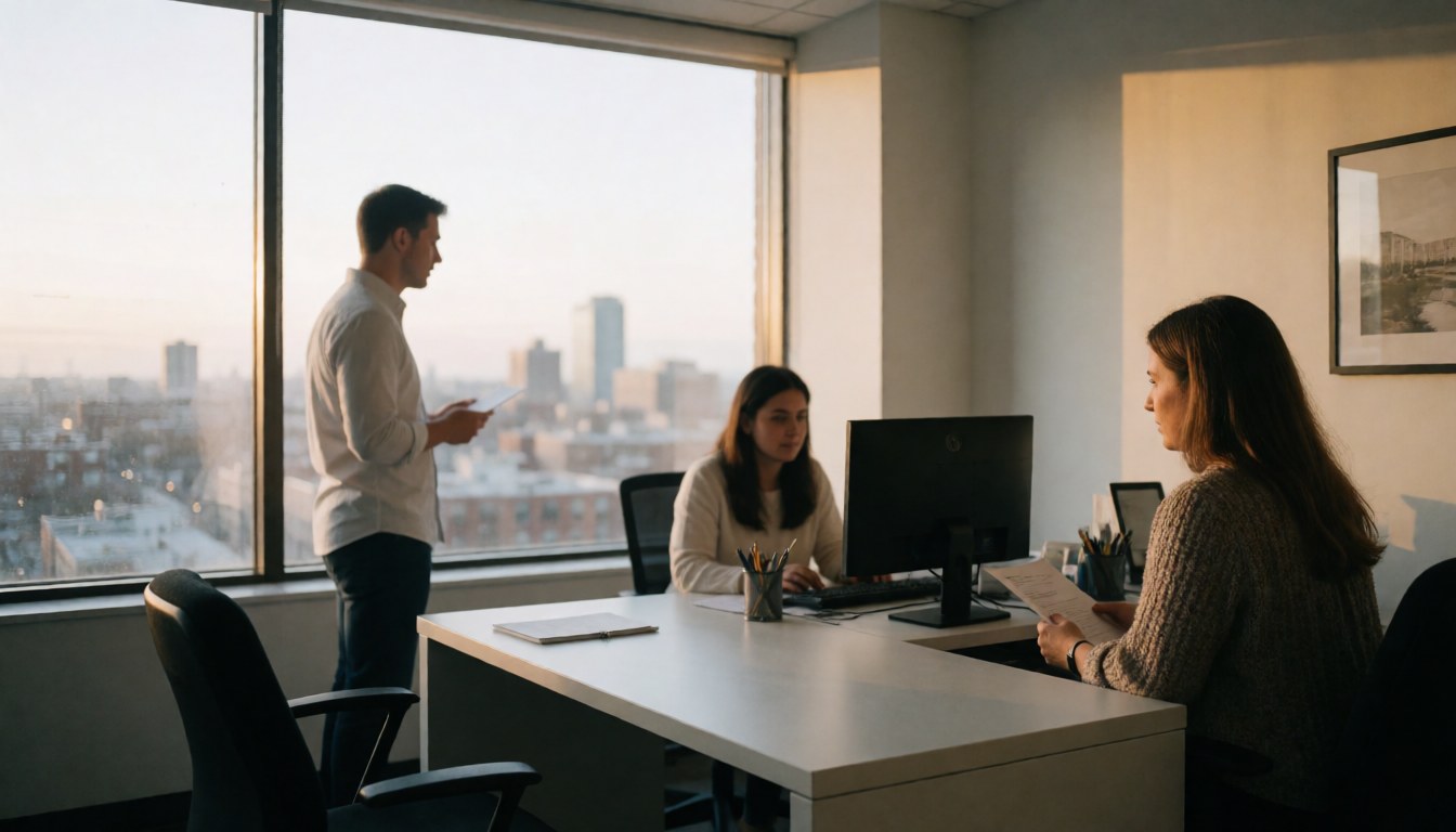 Real estate office with three professionals working, one looking out the window at the city, another using a computer, and another reviewing documents in a warm atmosphere.