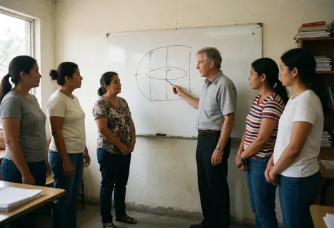 Professor explains a diagram on a whiteboard to five adult women in a university classroom with natural light.