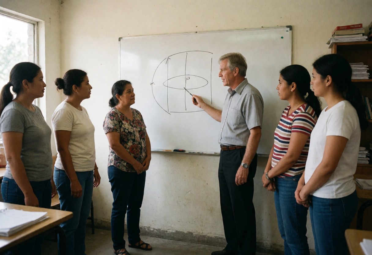 Professor explains a diagram on a whiteboard to five adult women in a university classroom with natural light.