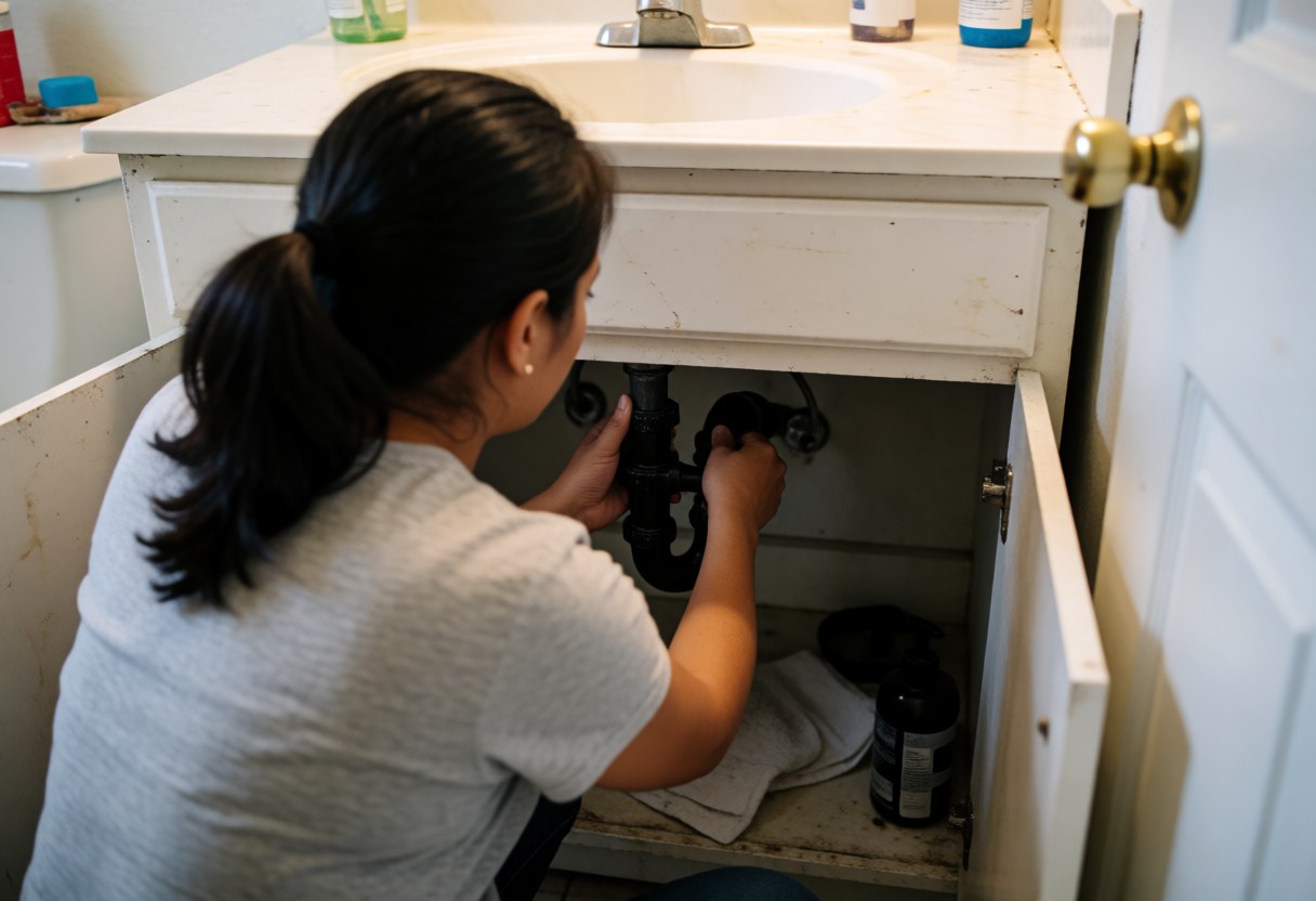 A Hispanic woman plumber repairs pipes under a bathroom sink using tools with natural light