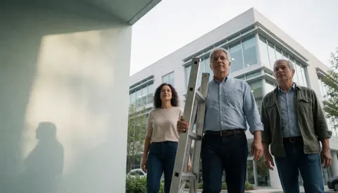 Three technicians walking in front of a modern building, one carrying a metal ladder.