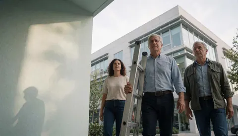 Three technicians walking in front of a modern building, one carrying a metal ladder.