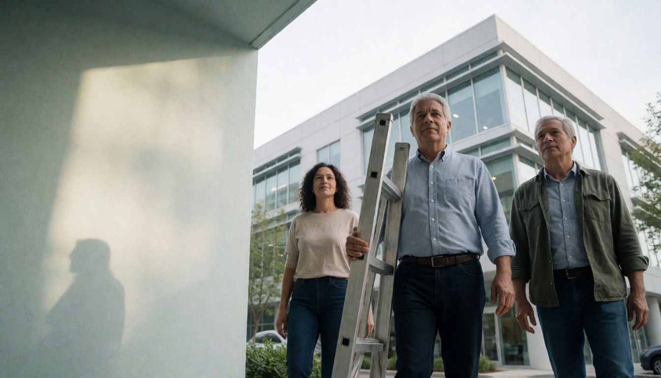 Three technicians walking in front of a modern building, one carrying a metal ladder.