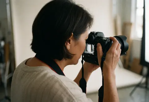 A woman with a camera in a studio, adjusting settings before taking a photo.