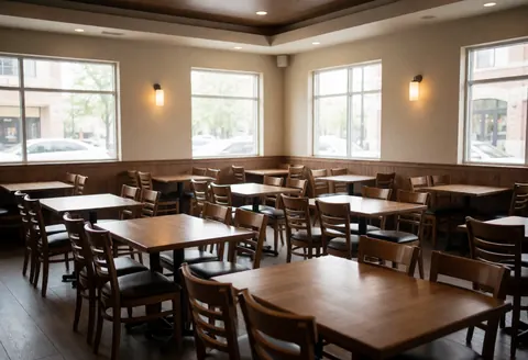 Spacious dining room featuring wooden tables and chairs, illuminated by natural light from windows, creating a clean and quiet atmosphere.