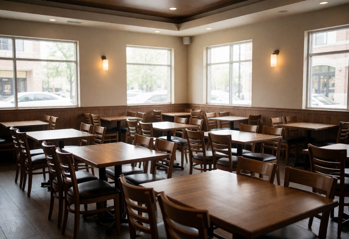 Spacious dining room featuring wooden tables and chairs, illuminated by natural light from windows, creating a clean and quiet atmosphere.