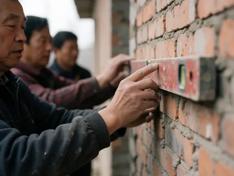 Close-up of construction workers hands using a level to measure a brick wall with a blurred background