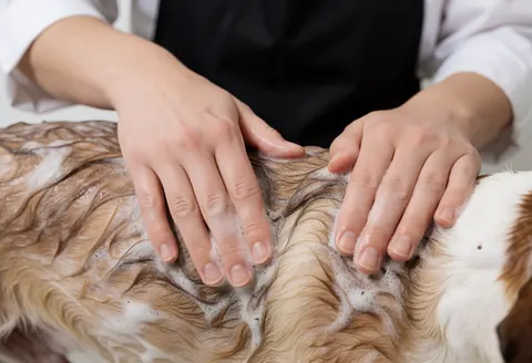 Hands washing a dog's fur with soap and foam in a dog grooming salon.