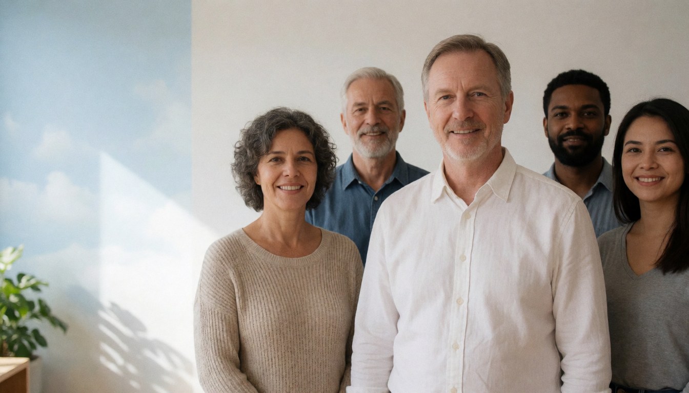 Diverse group of smiling adults in a bright modern office with white walls and natural light