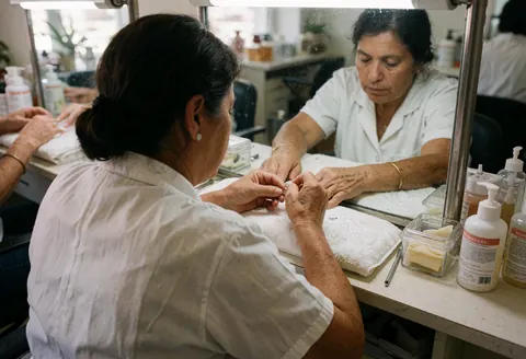 A woman in a white uniform doing nails for a client in a nail salon with mirror and products.