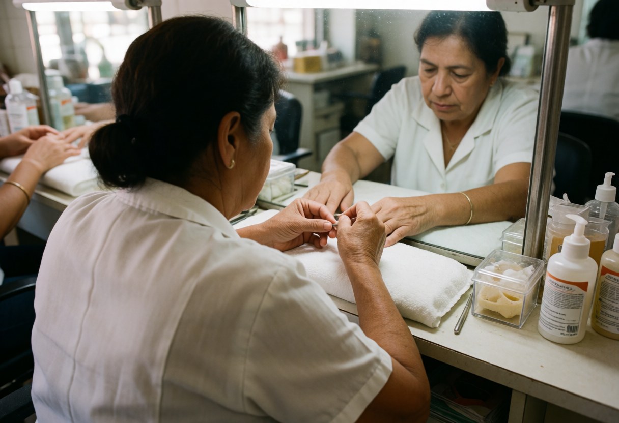 A woman in a white uniform doing nails for a client in a nail salon with mirror and products.