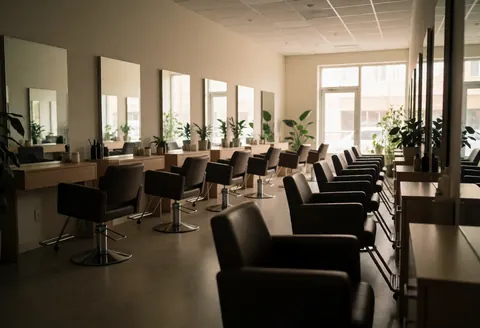 Modern empty hair salon with chairs, mirrors and tables, lit by natural light.