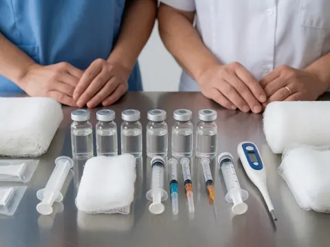 Veterinary supplies including syringes, antibiotics, and a thermometer arranged on a stainless steel counter ready for clinic use